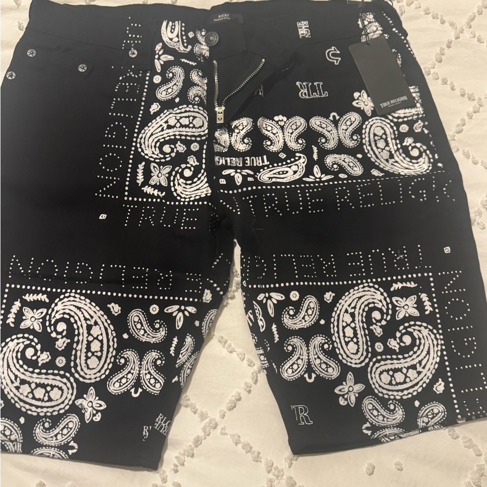 True Religion Black and White Paisley Swim Shorts